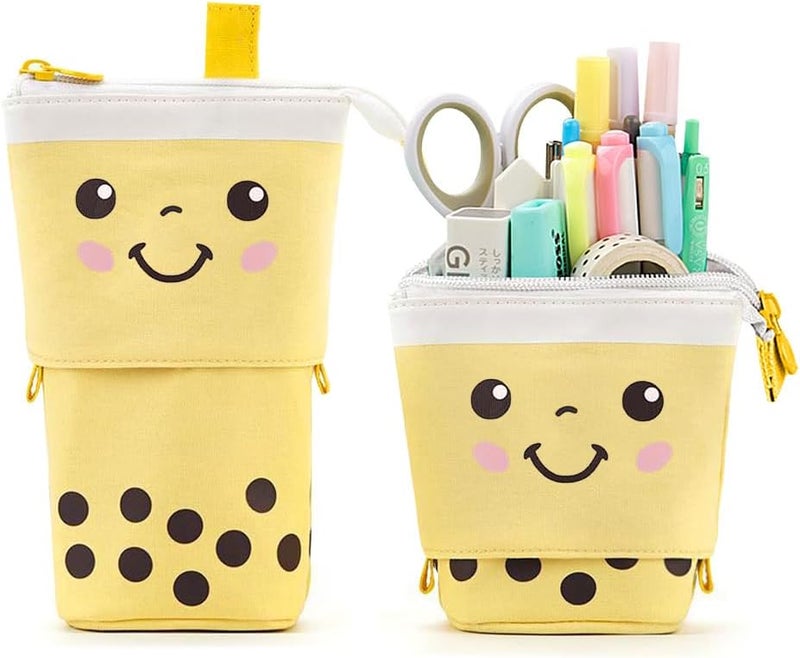 KPX Cute Standing Pencil Case Pen Holder for Kids, Pop Up Stand UP Bubble Tea Pen Organizer Kawaii Stationary for Christmas Holiday New Year Office (Yellow) - Image 1